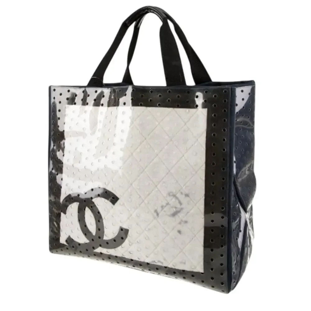 Chanel ENORMOUS tote, black + white fabric w/perforated pvc layer over material - Picture 1 of 16